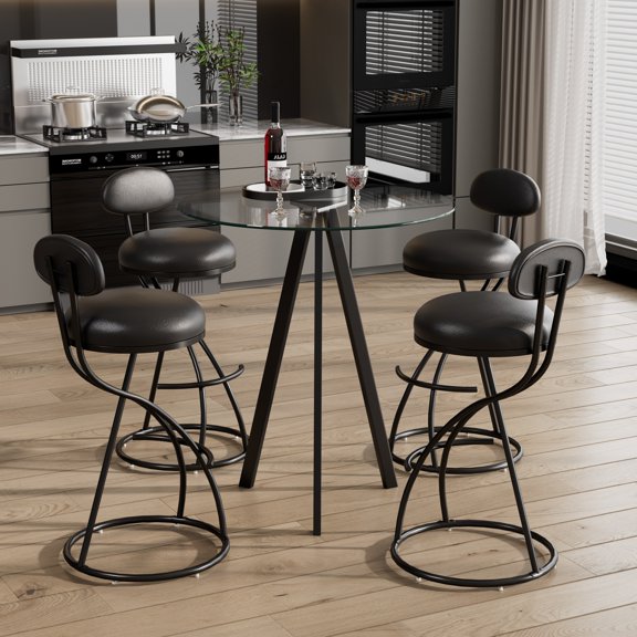 KATBOC Bar Stools Set of 4, Upholstered Counter Height Chair, Modern PU Leather Barstools with Footrest, for Kitchen Island, Dining Room, Bar, Black