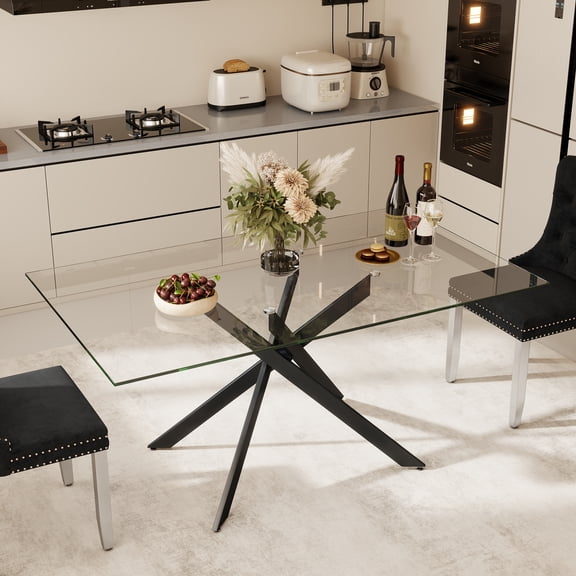KATBOC Clear Tempered Glass Dining Table with Crossed Metal Legs, Modern Minimalist Dinner Table for Kitchen & Dining Room