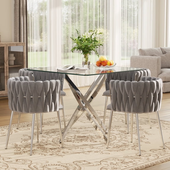 KATBOC Dining Table Set, 36in Square Tempered Glass Dining Table with Chrome Metal Legs & Set of 2/4 Velvet Upholstered Side Chairs, Modern Dining Furniture for Kitchen, Apartment & Dining Room