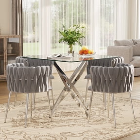 KATBOC Dining Table Set, 36in Square Tempered Glass Dining Table with Chrome Metal Legs & Set of 2/4 Velvet Upholstered Side Chairs, Modern Dining Furniture for Kitchen, Apartment & Dining Room
