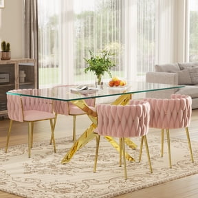KATBOC Dining Table Set, 51in Rectangular Tempered Glass Dining Table with Crossed Metal Legs & Set of 4/6 Velvet Upholstered Dining Chairs, for Modern Kitchen, Dining Room, Apartment & Home