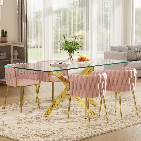 KATBOC Dining Table Set, 51in Rectangular Tempered Glass Dining Table with Crossed Metal Legs & Set of 4/6 Velvet Upholstered Dining Chairs, for Modern Kitchen, Dining Room, Apartment & Home
