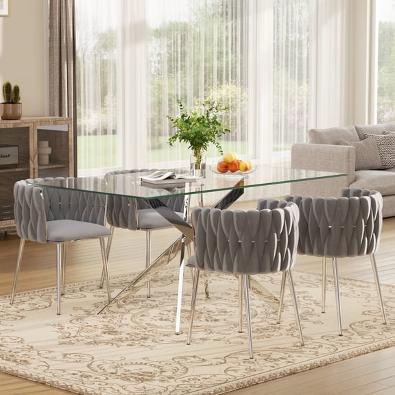 KATBOC Dining Table Set, 51in Rectangular Tempered Glass Dining Table with Crossed Metal Legs & Set of 4/6 Velvet Upholstered Dining Chairs, for Modern Kitchen, Dining Room, Apartment & Home