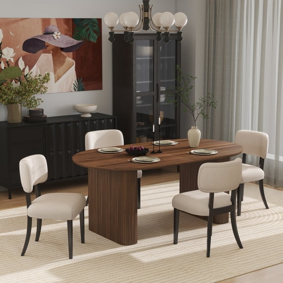 KATBOC Extendable Dining Table and Chairs Set, MDF Table Top with 4 Cream Fabric Upholstered Chairs, Mid-Century Modern 4-6 Person Kitchen Dining Set, Space Saving Design for Small Rooms, DarkBrown