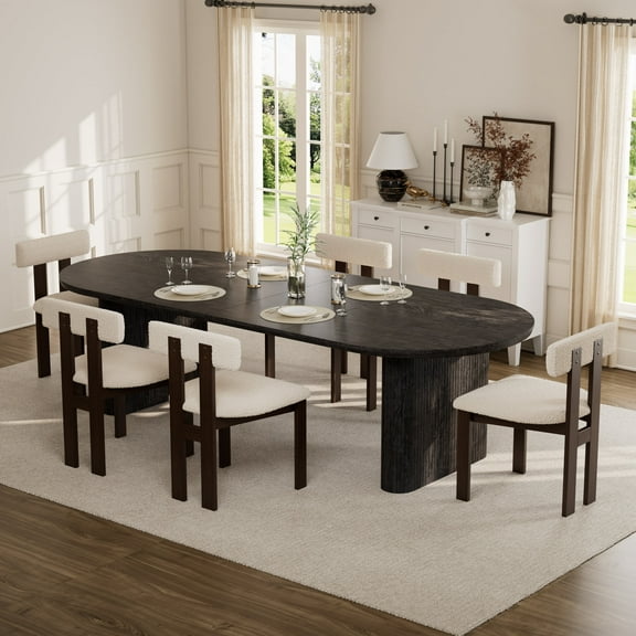 KATBOC Extendable Dining Table Set with 6 Modern Boucle Chairs, Solid Rubber Wood Farmhouse Kitchen Set for 4-8, Mid-Century Style for Living Room & Office, Black