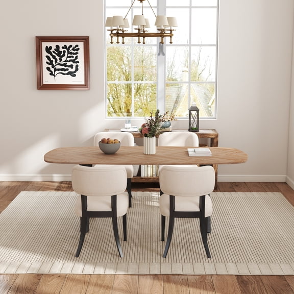 KATBOC Farmhouse Dining Table and Chair Set, Large 71in Rustic X-Leg Table with 4 Cream Upholstered Chairs, Brown Wood Grain Finish for Kitchen & Dining Room