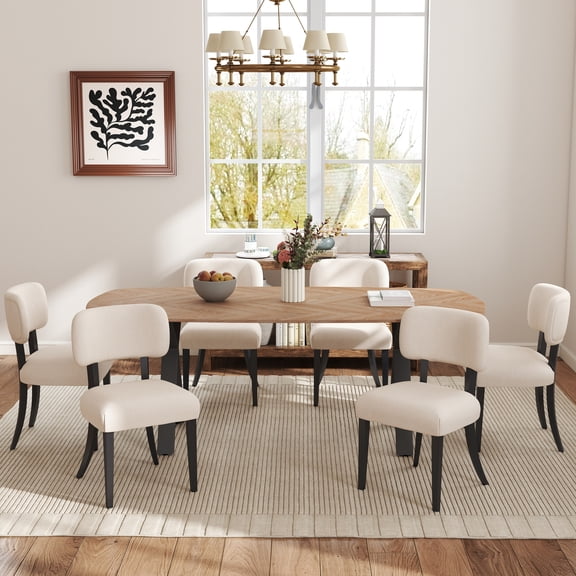 KATBOC Farmhouse Dining Table and Chair Set, Large 71in Rustic X-Leg Table with 6 Cream Upholstered Chairs, Brown Wood Grain Finish for Kitchen & Dining Room