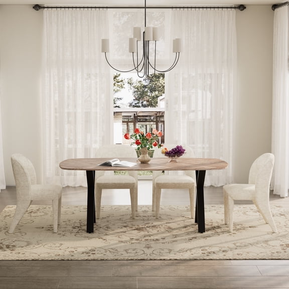 KATBOC Farmhouse Dining Table Set with 4 Chenille Chairs, 71in Rustic Wood Grain Table & X-Leg Design, for Kitchen Dining Room Family Gatherings, Beige