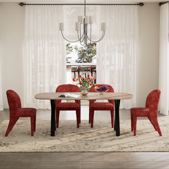 KATBOC Farmhouse Dining Table Set with 4 Chenille Chairs, 71in Rustic Wood Grain Table & X-Leg Design, for Kitchen Dining Room Family Gatherings, Red