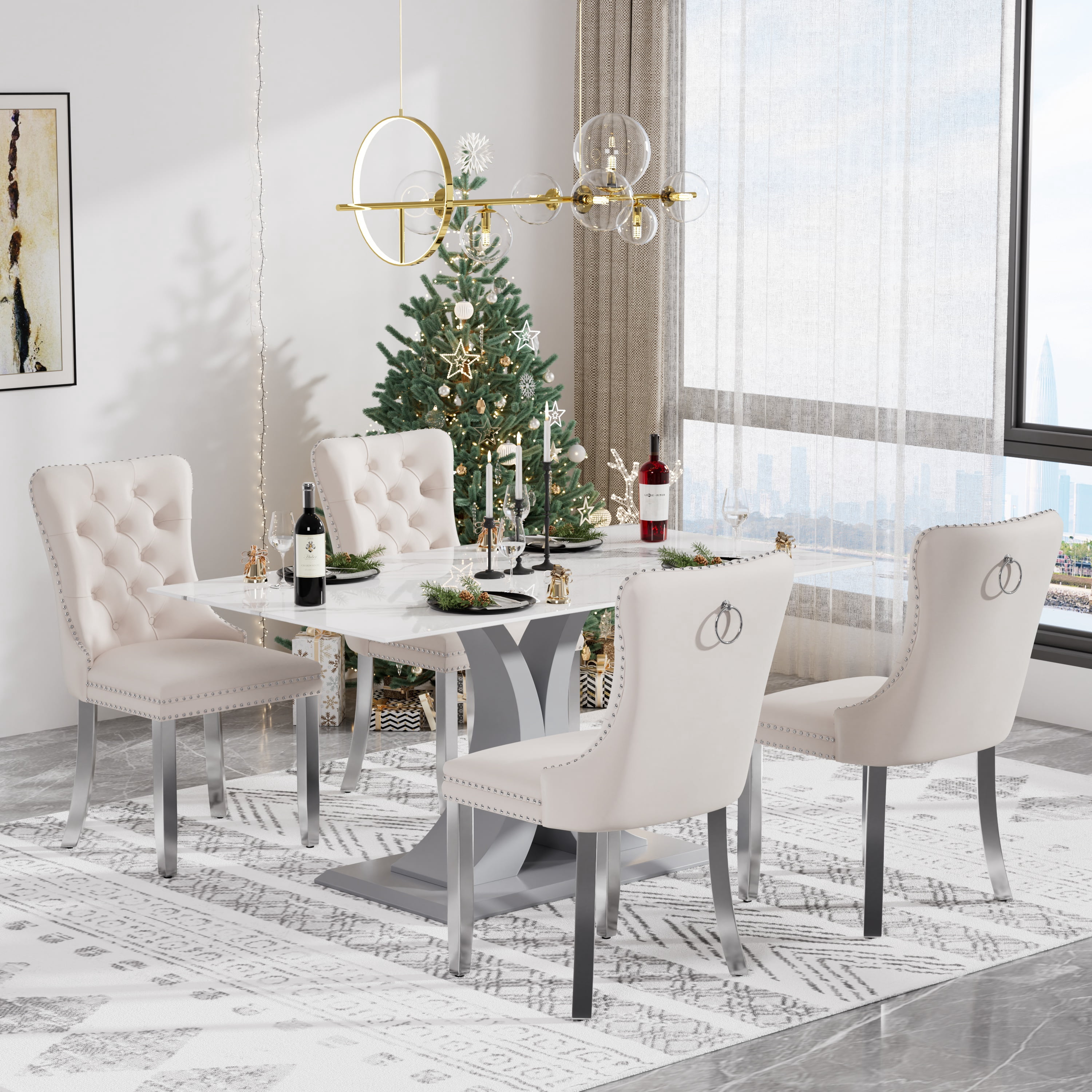 KATBOC Modern 5-Piece Dining Set with Marble Table Top & Velvet Chairs ...