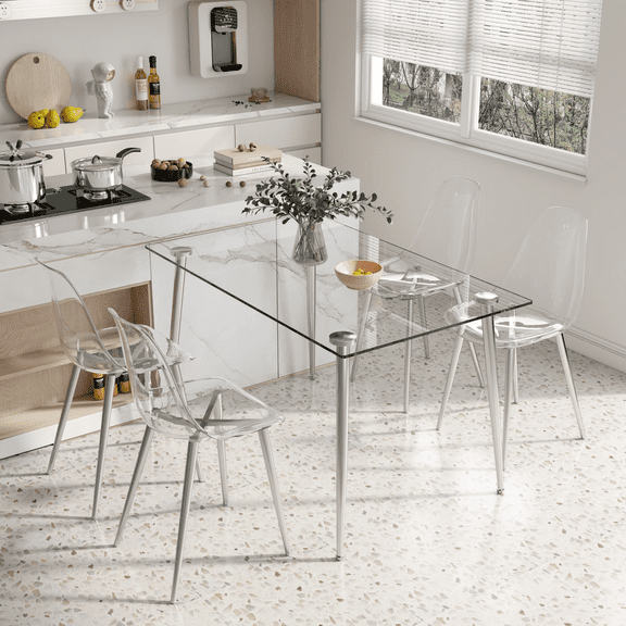 KATBOC Modern 51in Glass Dining Table, Tempered Glass Top with Metal Legs, Space-Saving Design for Kitchen/Living Room, Sliver