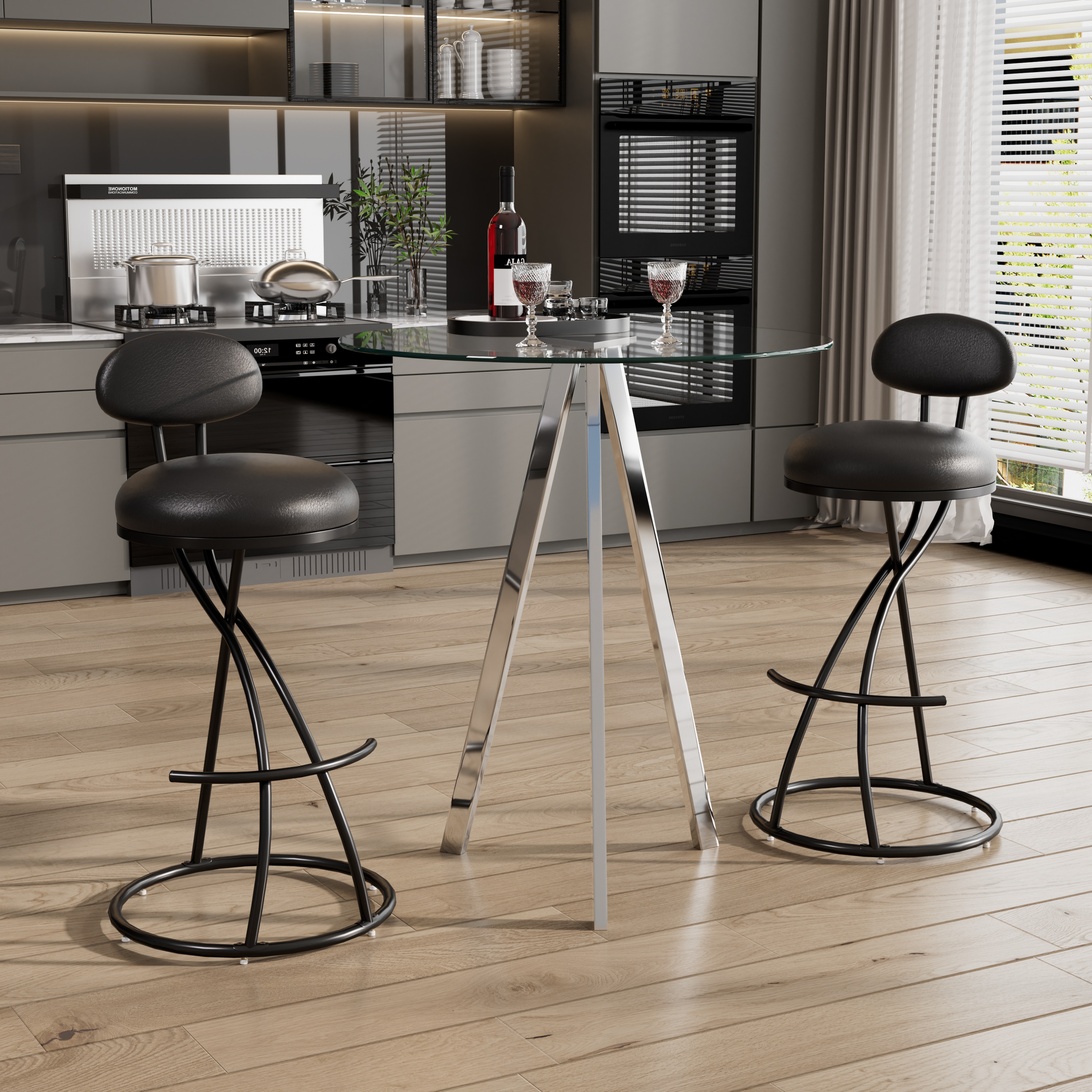 KATBOC Modern Bar Table & 2 Stools Set, Counter Height Glass Top Dining