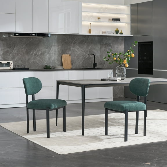 KATBOC Modern Dining Chairs Set of 2, Mid-Century Upholstered Kitchen Chairs with Ergonomic Curved Backrest, Black Metal Legs, Easy Assembly for Small Spaces, Apartments, Open-Concept Homes, Green