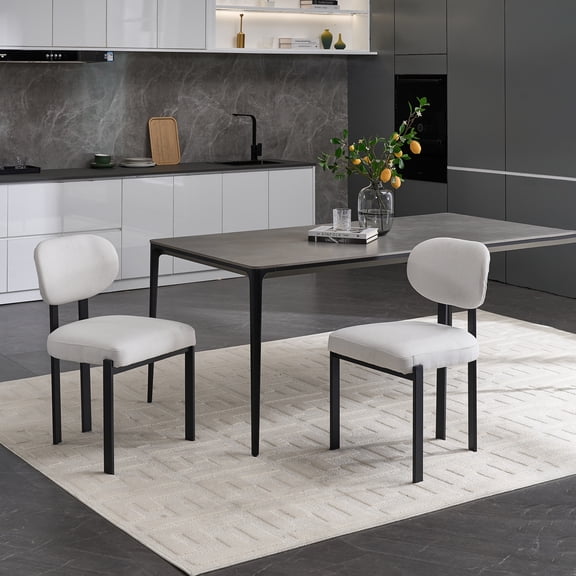 KATBOC Modern Dining Chairs Set of 2, Mid-Century Upholstered Kitchen Chairs with Ergonomic Curved Backrest, Black Metal Legs, Easy Assembly for Small Spaces, Apartments, Open-Concept Homes, Beige