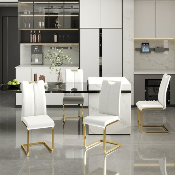 KATBOC Modern Dining Chairs Set of 4, Faux Leather Padded Seats, Gold Metal Legs, Ergonomic Design Waterproof Upholstered Chairs for Kitchen, Living Room, Bedroom, White