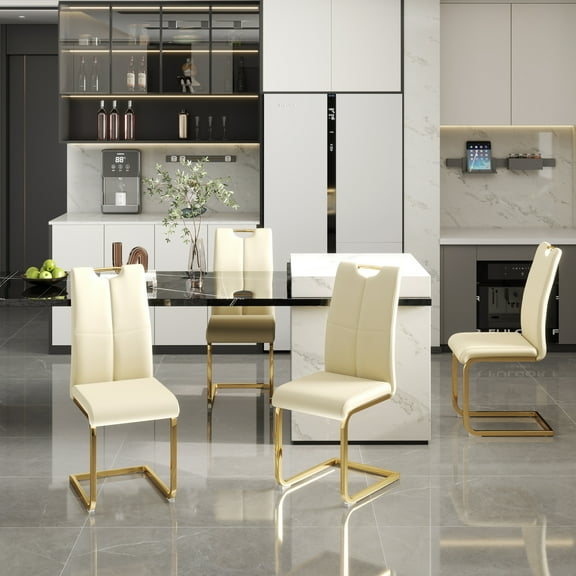 KATBOC Modern Dining Chairs Set of 4, Faux Leather Padded Seats, Gold Metal Legs, Ergonomic Design Waterproof Upholstered Chairs for Kitchen, Living Room, Yellow