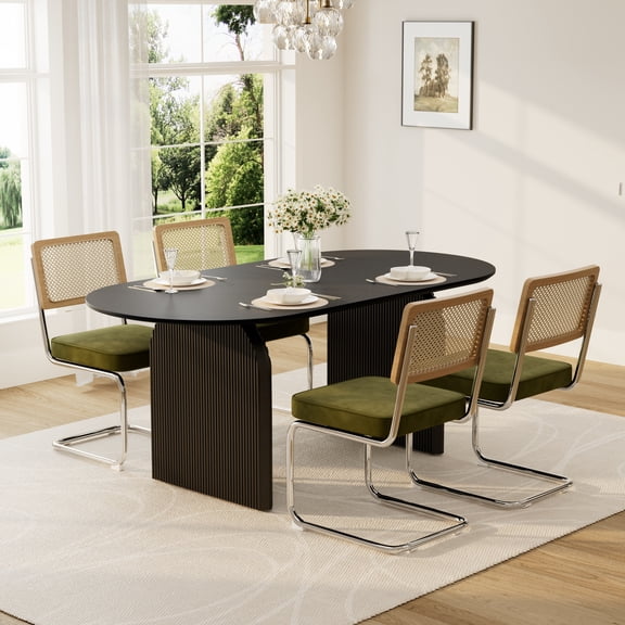 KATBOC Modern Dining Table and Chairs Set, 70in Black MDF Table with 4 Velvet Rattan Chairs, Mid Century Style for 8 Person Seating, Family Dining Parties & Small Spaces, Black & Olive-Green