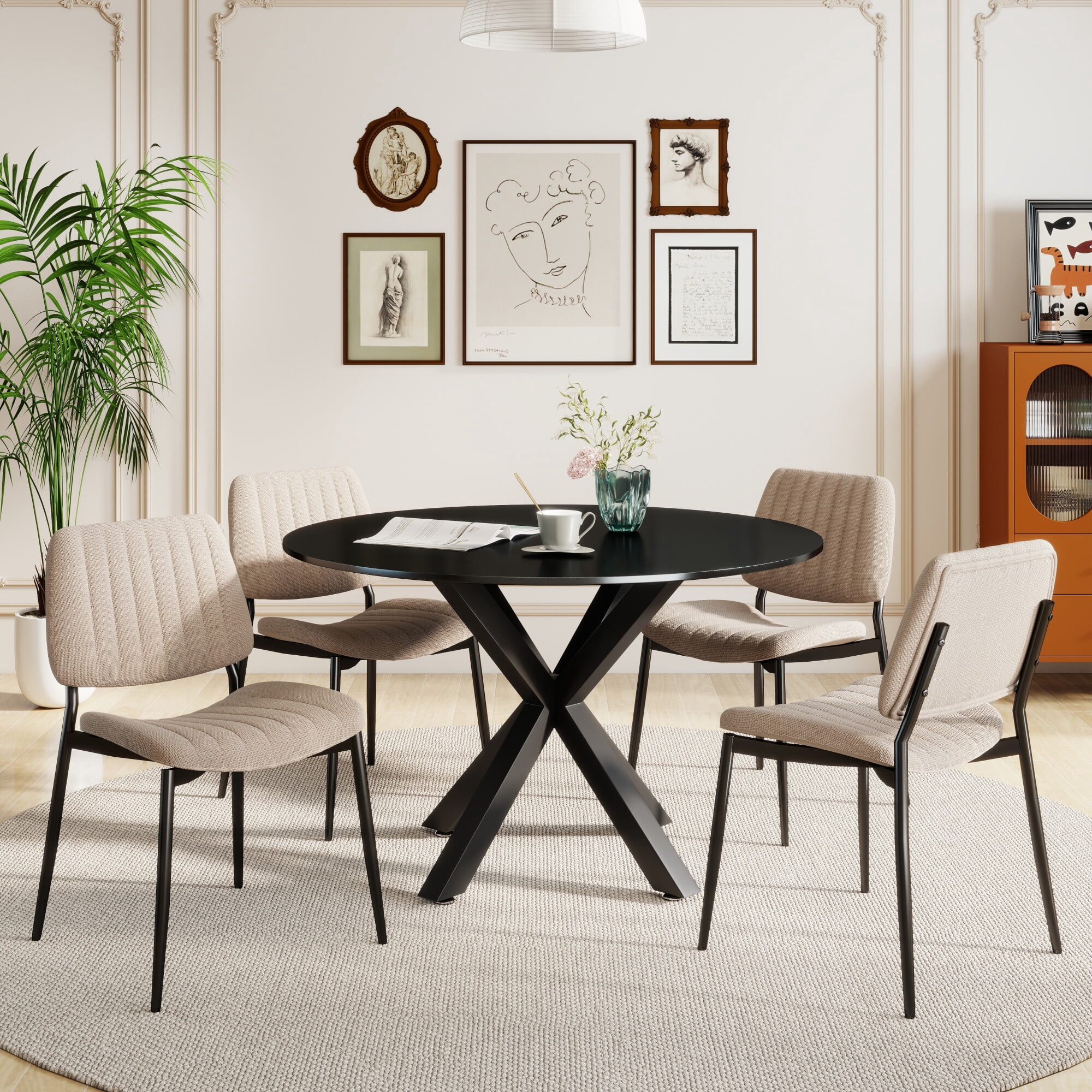 KATBOC Modern Dining Table Set with 4 Retro Linen Chairs, 42in Round ...
