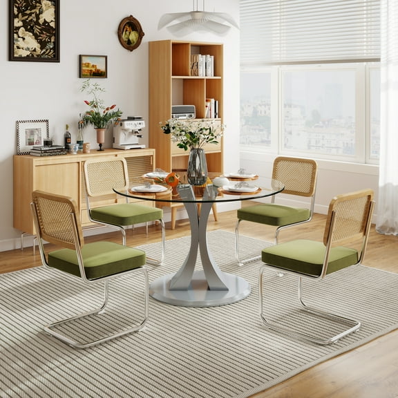 KATBOC Modern Dining Table Set with 4 Velvet Chairs, 39.2in Round Glass Top & Cantilever Design, for Small Spaces Kitchen Dining Room Apartment, Silver