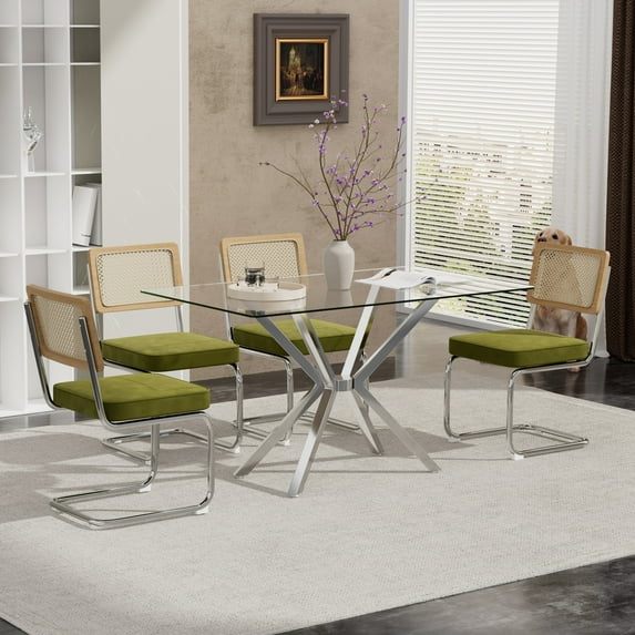 KATBOC Modern Dining Table Set, 47.24in Tempered Glass Table with 4 Velvet Upholstered Chairs, Cane Back & Chrome Base, Space-Saving Kitchen Set for Small Spaces