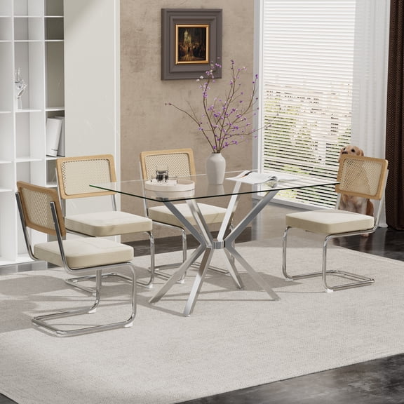 KATBOC Modern Dining Table Set, 47.24in Tempered Glass Table with 4 Velvet Upholstered Chairs, Cane Back & Chrome Base, Space-Saving Kitchen Set for Small Spaces