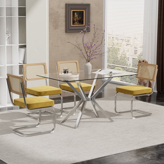 KATBOC Modern Dining Table Set, 47.24in Tempered Glass Table with 4 Velvet Upholstered Chairs, Cane Back & Chrome Base, Space-Saving Kitchen Set for Small Spaces
