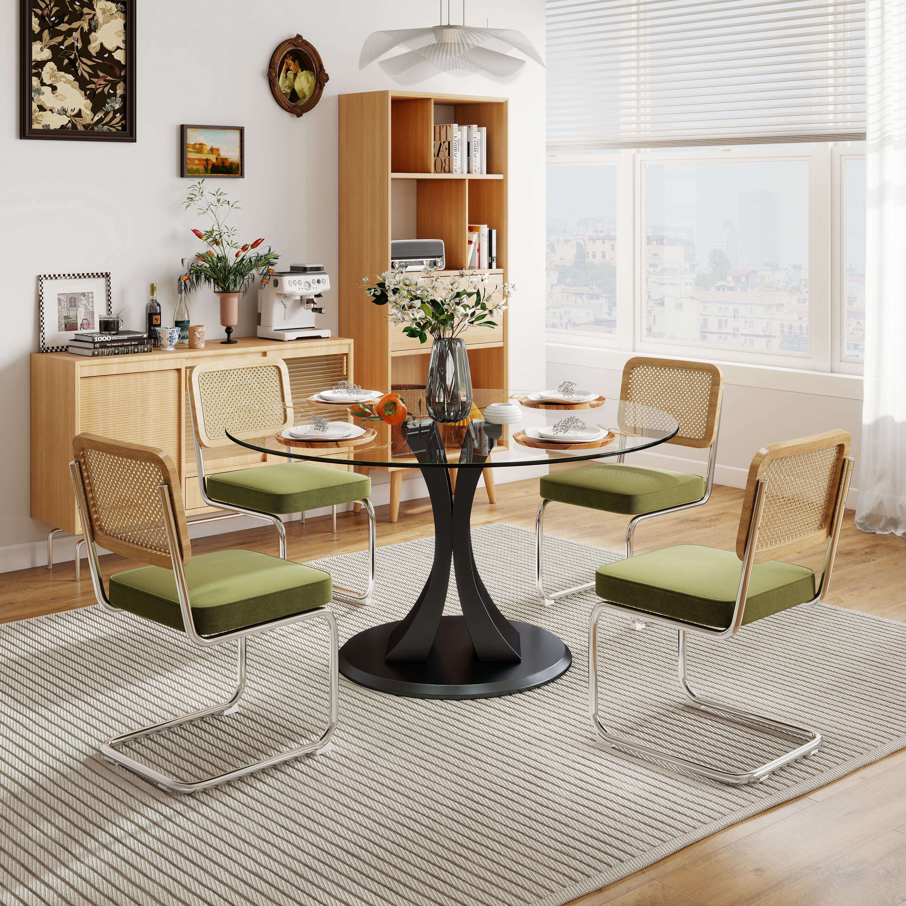 KATBOC Modern Dining Table Set with 4 Velvet Chairs, 47in Round Glass ...