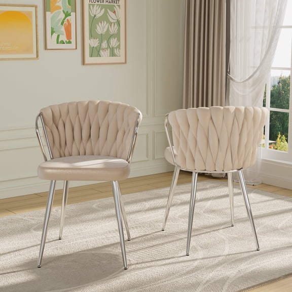 KATBOC Modern Velvet Dining Chair Set of 2, Ergonomic with Adjustable Footrest, Silver Metal Legs for Living Room, Bedroom, Office, Light Beige