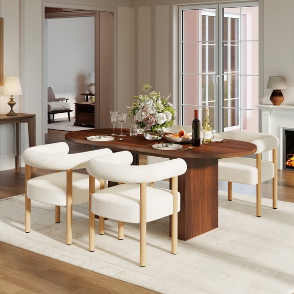 KATBOC Oval MDF Dining Table Set with 4/6 White Teddy Fleece Chairs Farmhouse Water-Resistantfor Kitchen & Dining Room