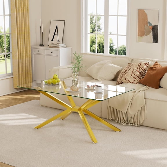 KATBOC Rectangle Modern Coffee Table, Tempered Glass Top and Metal Tubular Leg for Living Room,39.37”Lx23.62”Wx16.93”H(Gold)