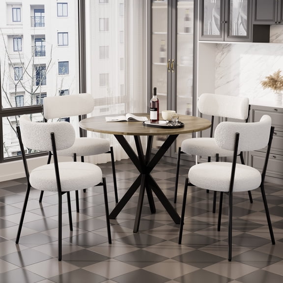 KATBOC Round Dining Table Set with 4 Chairs, Modern Industrial Style, Space-Saving MDF Tabletop & Metal Legs, Adjustable Non-Slip Feet, for Kitchen, Apartment, Office, Brown and White