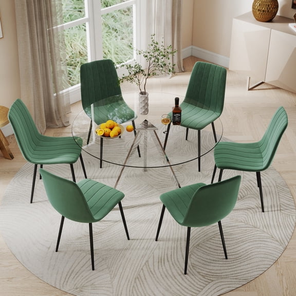 KATBOC Round Glass Dining Table Set with 4/6 Velvet Dining Chairs, Modern Metal Legs, Adjustable Non-Slip for Kitchen, Dining Room & Apartment