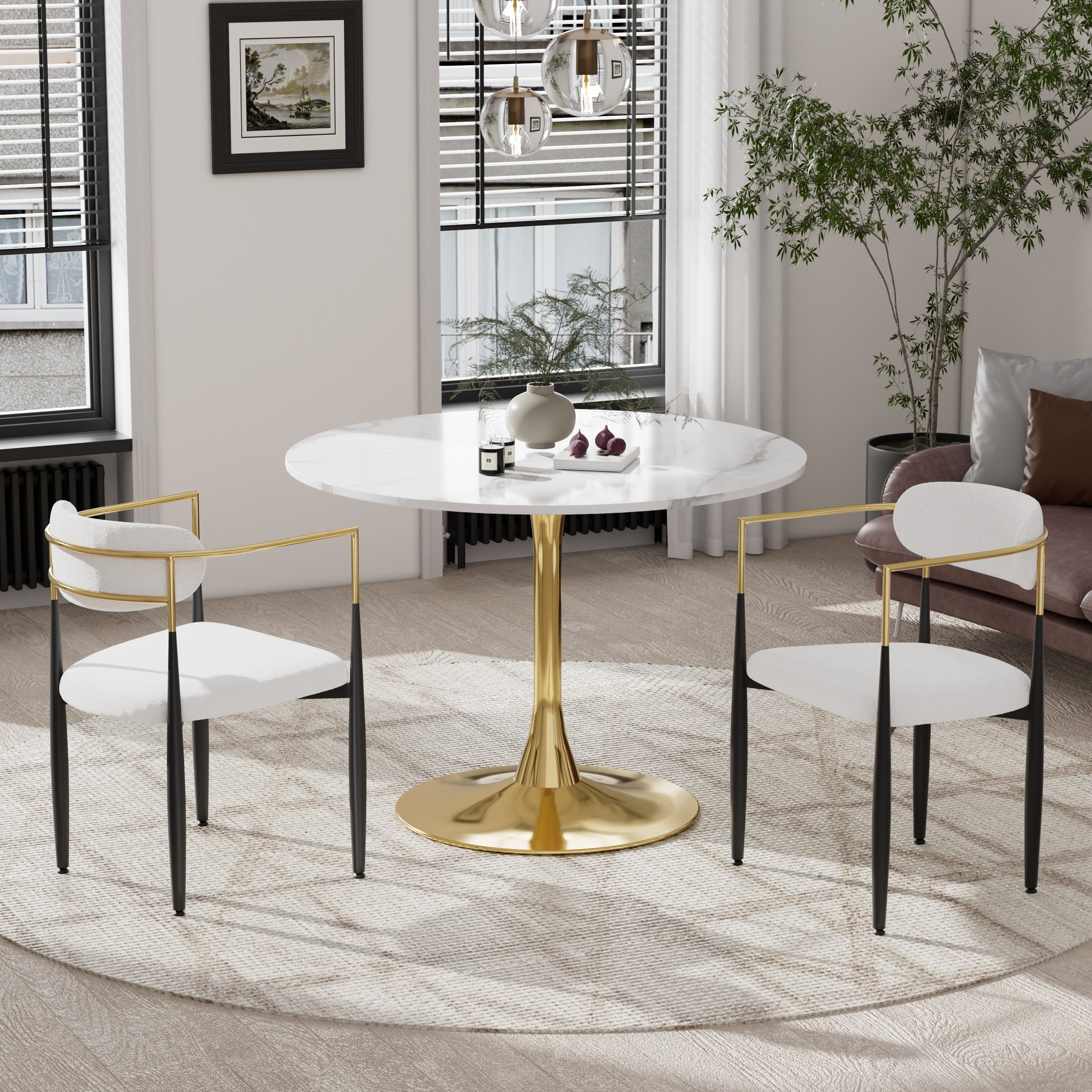 KATBOC Round Mid-Century Modern Marble Dining Table Set with 2 Gold ...