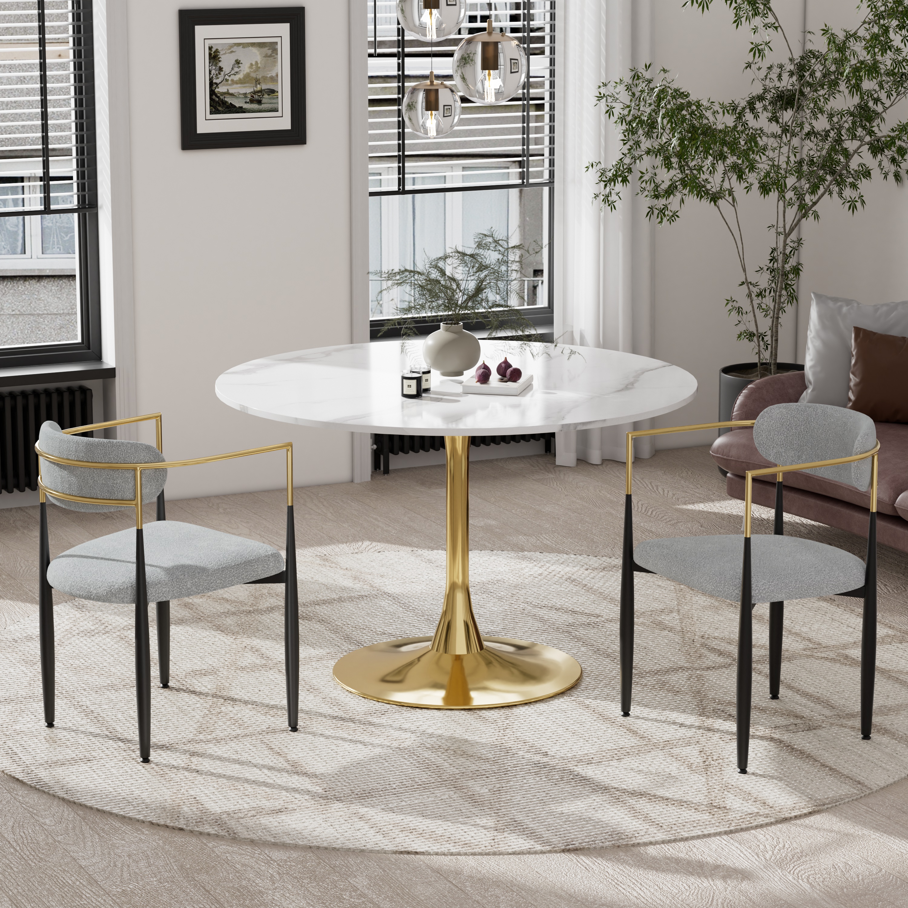 KATBOC Round Mid-Century Modern Marble Dining Table Set with 2 Gold ...
