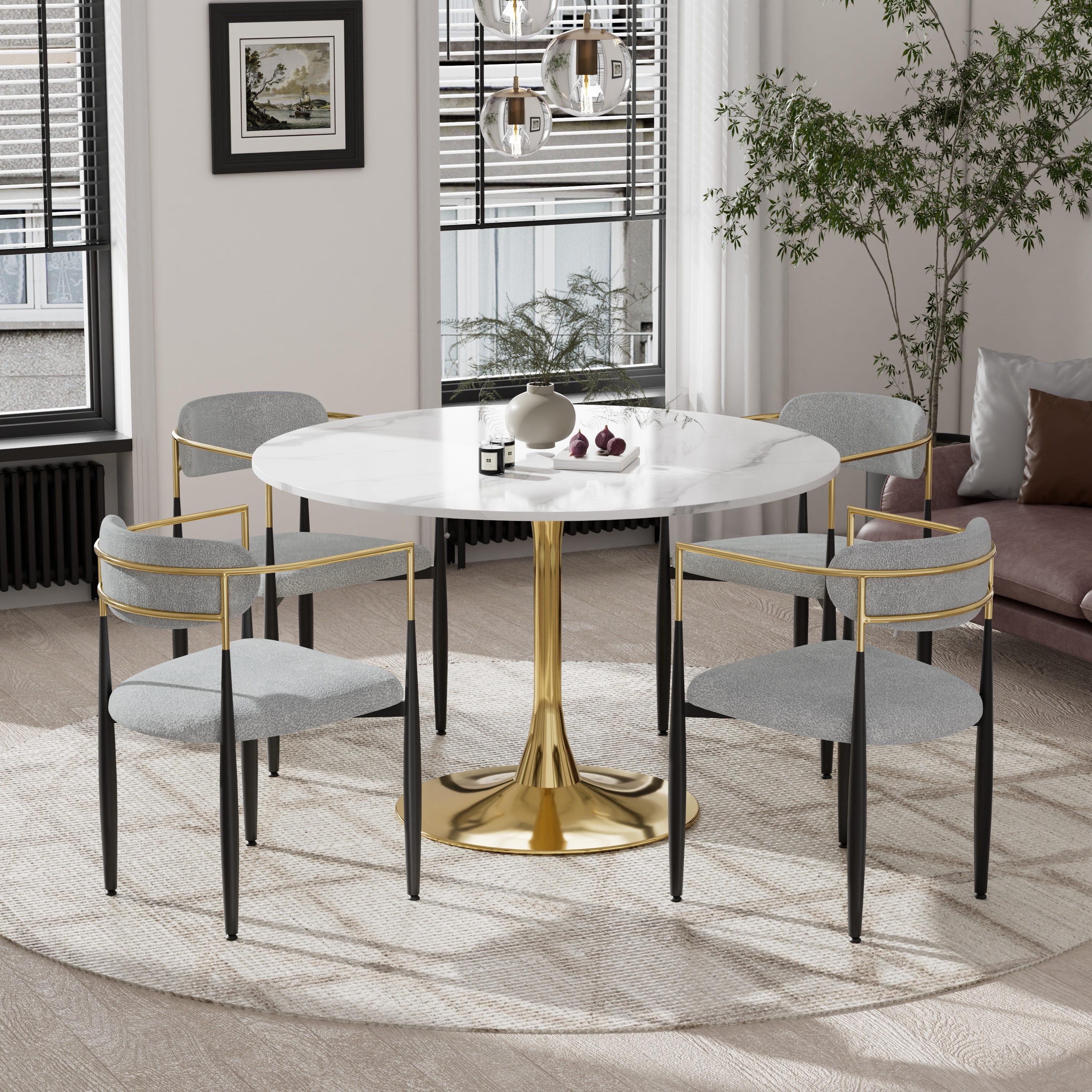 KATBOC Round Mid-Century Modern Marble Dining Table Set with 4 Gold ...