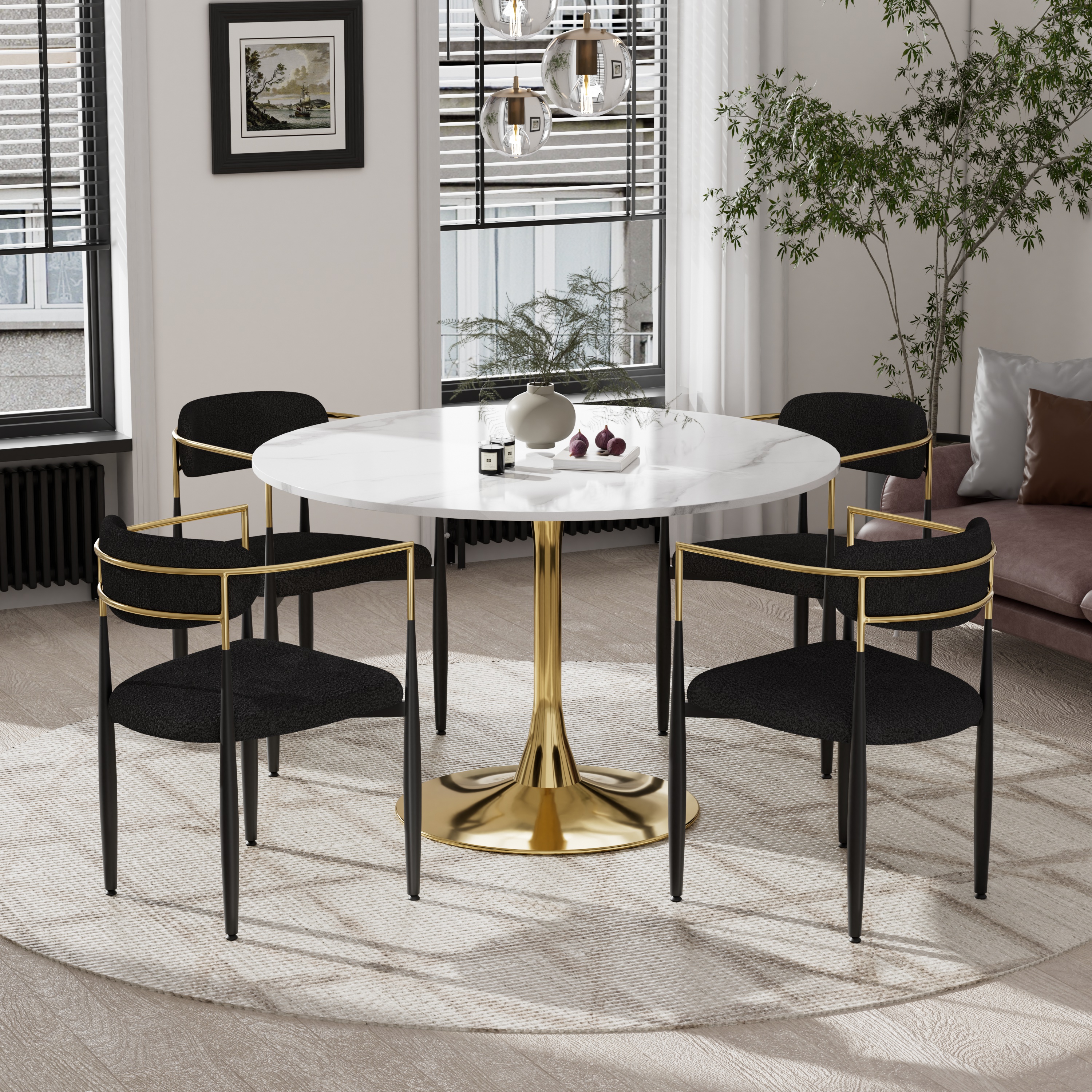 KATBOC Round Mid-Century Modern Marble Dining Table Set with 4 Gold ...