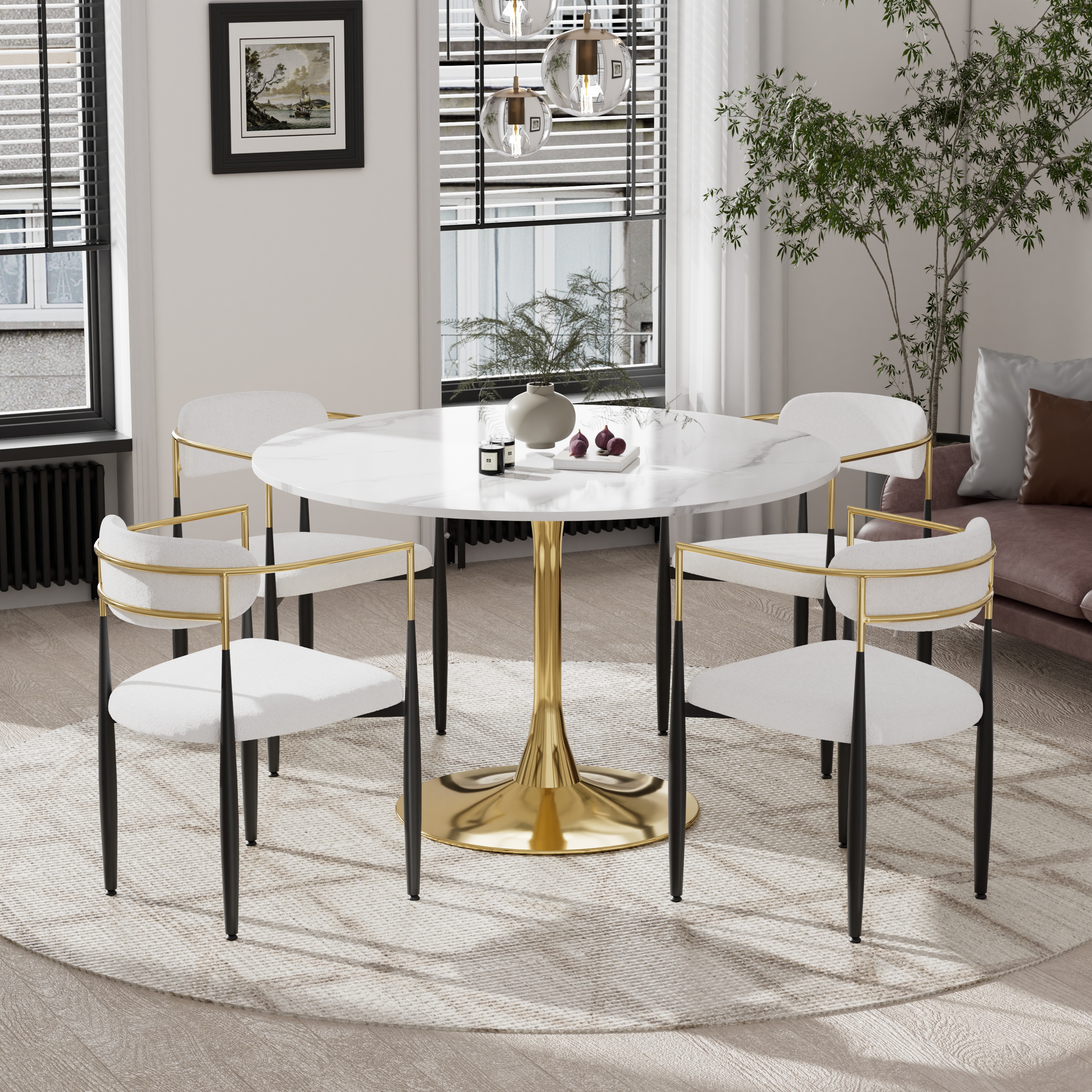 KATBOC Round Mid-Century Modern Marble Dining Table Set with 4 Gold ...