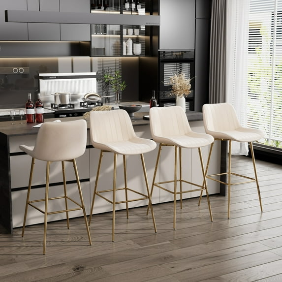 KATBOC Velvet Bar Stools Set of 4, 30in Ergonomic Accent Chairs with Gold Legs, Waterproof Fabric & Adjustable Non-Slip Feet, Modern Light Luxury for Living Room, Bedroom, Bar, Kitchen, Beige