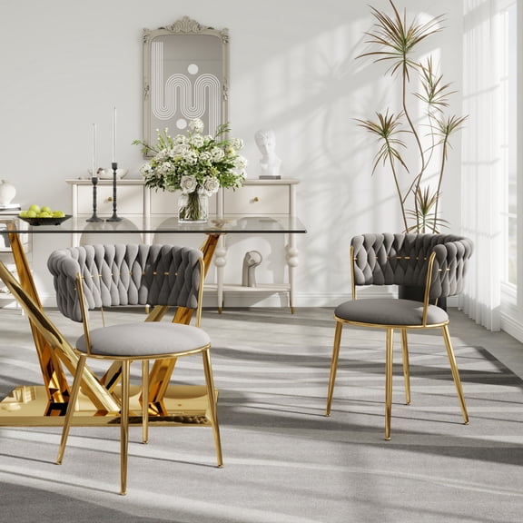 KATBOC Velvet Dining Chairs Set of 2, Ergonomic Hollow Braided Rope Design,Adjustable Non-Slip Fee with Gold Metal Legs, Waterproof Fabric for Kitchen & Dining Room, Gray