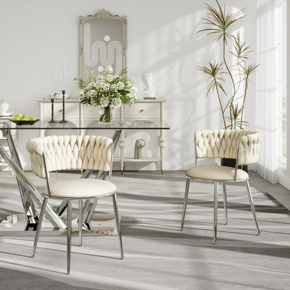 KATBOC Velvet Dining Chairs Set of 2, Ergonomic Hollow Braided Rope Design,Adjustable Non-Slip Fee with Sliver Metal Legs, Waterproof Fabric for Kitchen & Dining Room, Beige