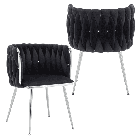 KATBOC Velvet Dining Chairs Set of 2, Modern Accent Chairs with PU Seat and Silver Metal Legs, for Dining Room, Kitchen, Living Room, Office Decor, Black