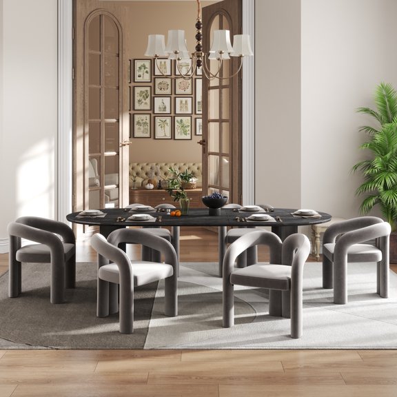 KATBOC7-Piece Dining Table Set for 4-8, Modern MDF Pedestal Table & Velvet Chairs, Compact Furniture for Kitchen, Dining,Home Office, Gray&Black