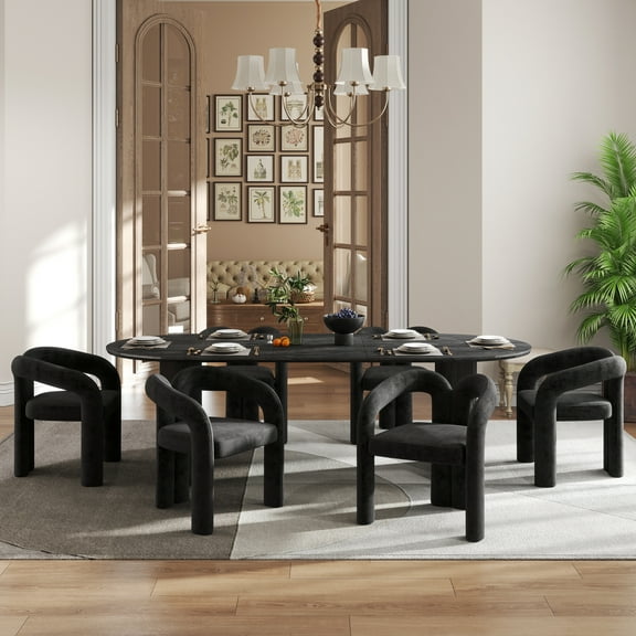 KATBOC7-Piece Dining Table Set for 4-8, Modern MDF Pedestal Table & Velvet Chairs, Compact Furniture for Kitchen, Dining,Home Office, Black&Black