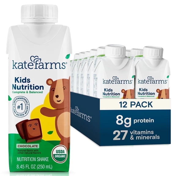 Kate Farms Organic Kids Nutrition Shake, Chocolate, 8g Protein, 27 Vitamins & Minerals, 8.45 fl oz (12 Pack)