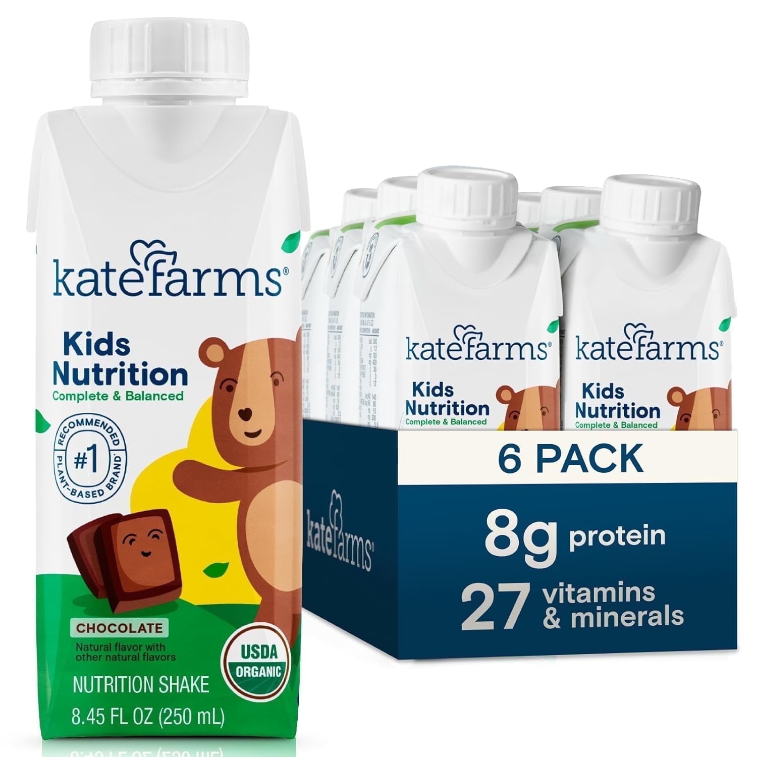 Kate Farms Organic Kids Nutrition Chocolate Shake, 8g Protein, 27 Vitamins and Minerals, Meal Replacement, Gluten Free, Non-GMO, 8.45 fl oz (6 Pack)