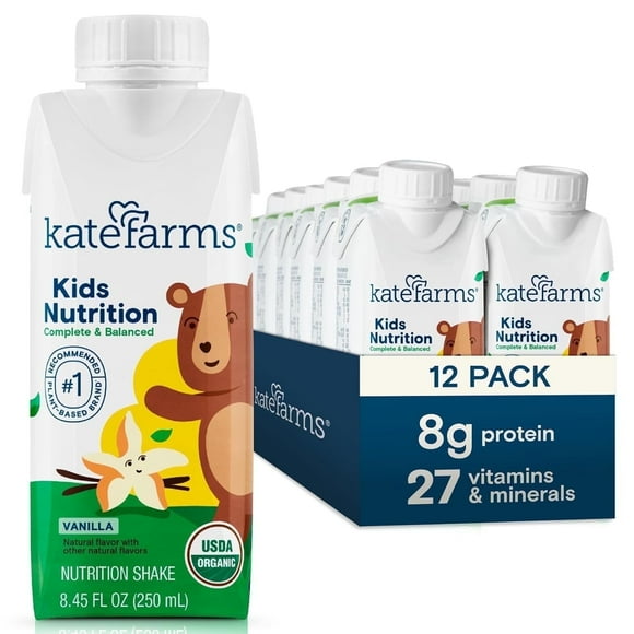 Kate Farms Organic Kids Nutrition Vanilla Shake, 8g Protein, 27 Vitamins and Minerals, Meal Replacement, Gluten Free, Non-GMO, 8.45 fl oz (12 Pack)