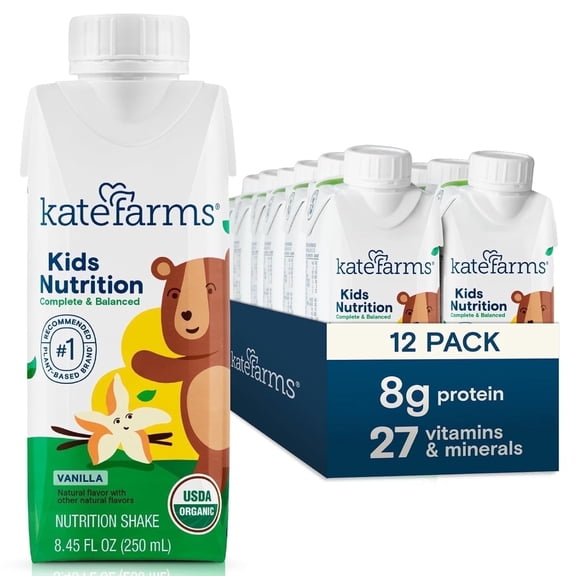 Kate Farms Organic Kids Nutrition Shake, Vanilla, 8g Protein, 27 Vitamins & Minerals, 8.45 fl oz (12 Pack)