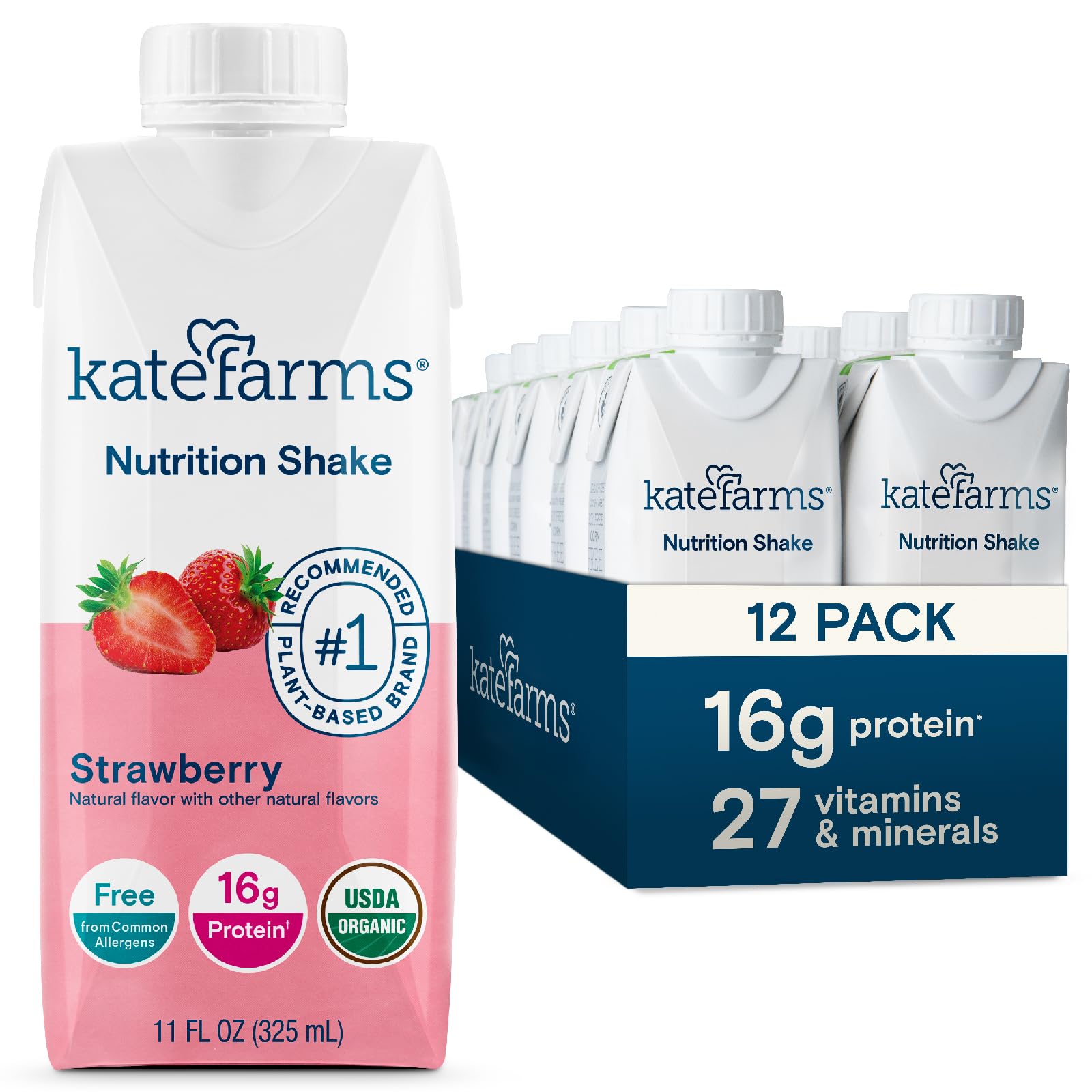 KATE FARMS Organic Nutrition Shake, HYZ01 Strawberry, 16g protein, 27