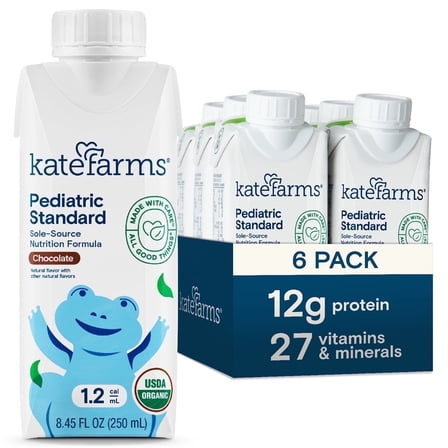 Kate Farms Organic Pediatric 1.2 High Calorie Nutrition Shake, Chocolate, 12g Protein, 27 Vitamins & Minerals, 8.45 fl oz (6 Pack)