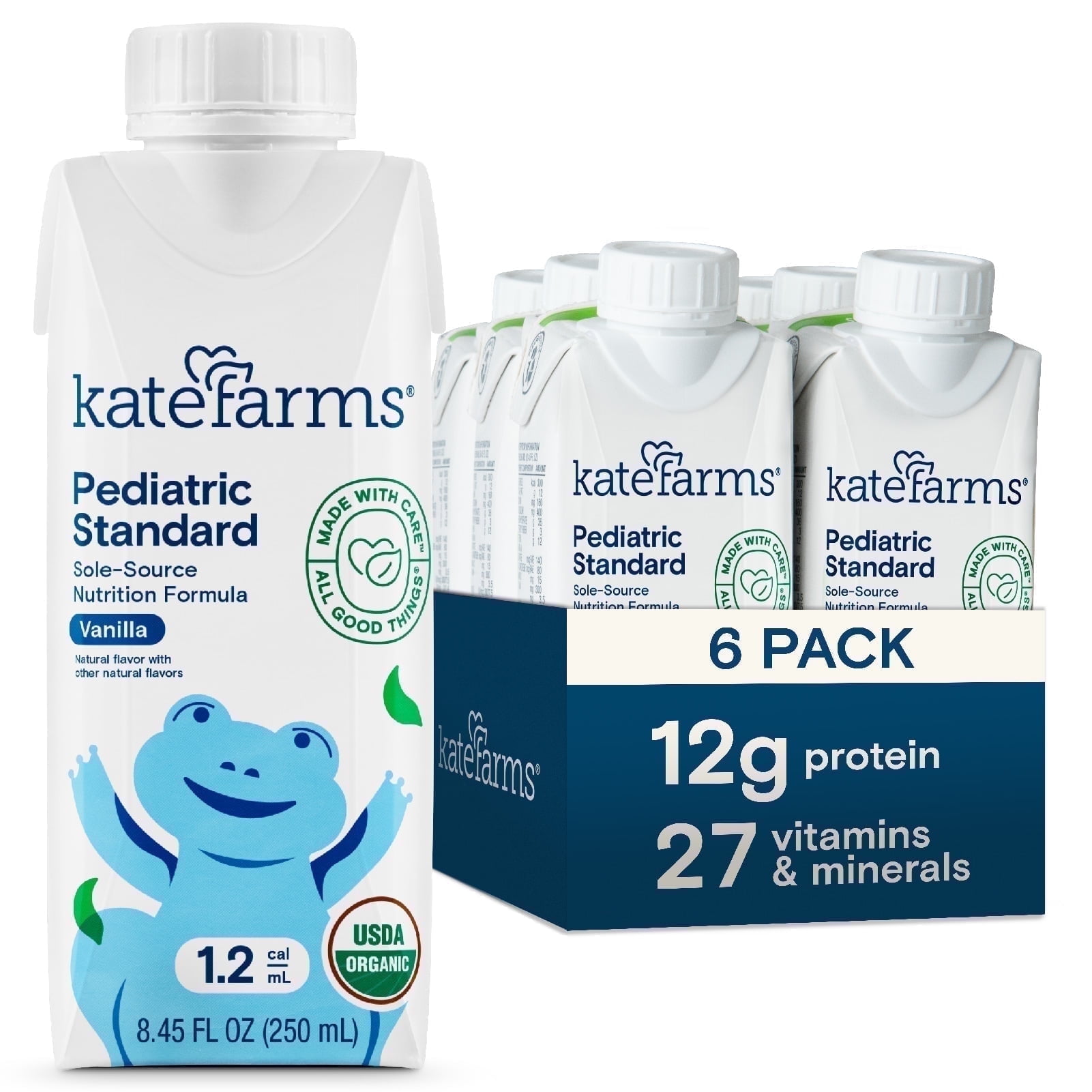 Kate Farms Organic Pediatric 1.2 High Calorie Nutrition Shake, Vanilla, 12g Protein, 27 Vitamins and Minerals, 8.45 oz (6 Pack)